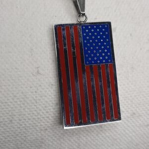 Long Silver American Flag Pendant Necklace